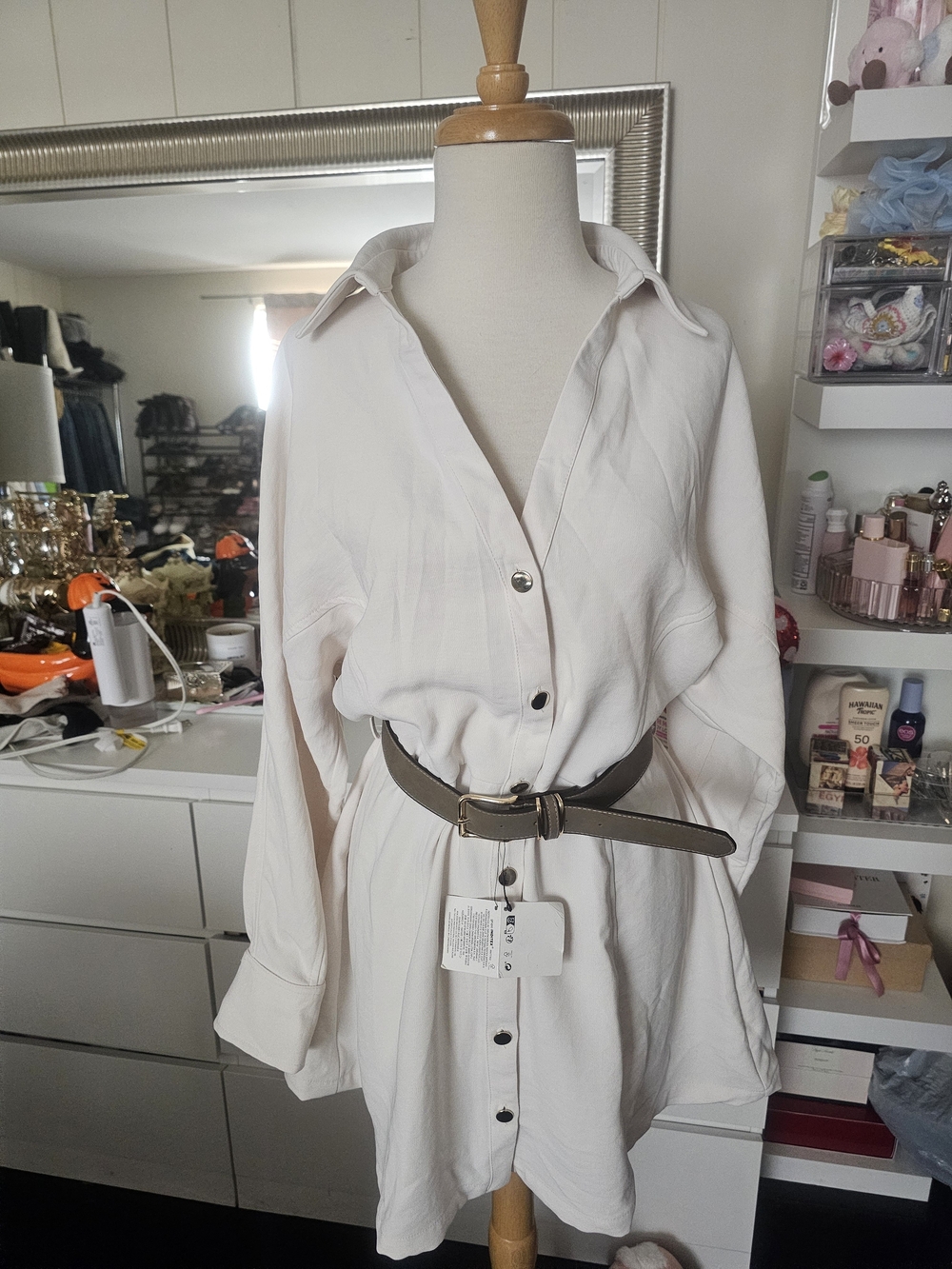 Zara Cream Shirt Dress with Olive Belt